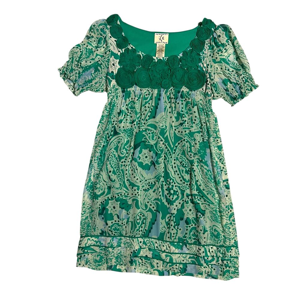 ICE Green Floral Midi Knee Length Empire Waist Dress Short Sleeves Size 8
